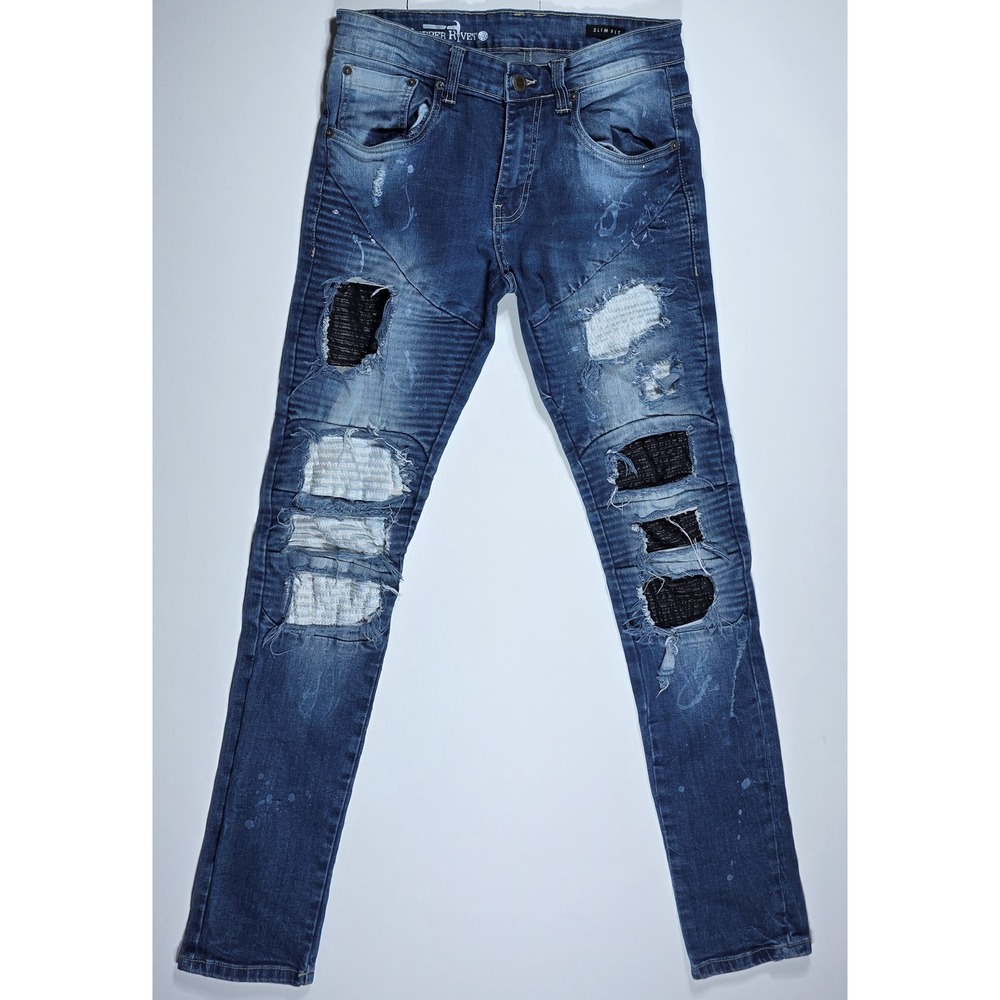 Copper Rivet Mens Slim Fit Distressed Moto Patchwork Jeans Blue 30x32